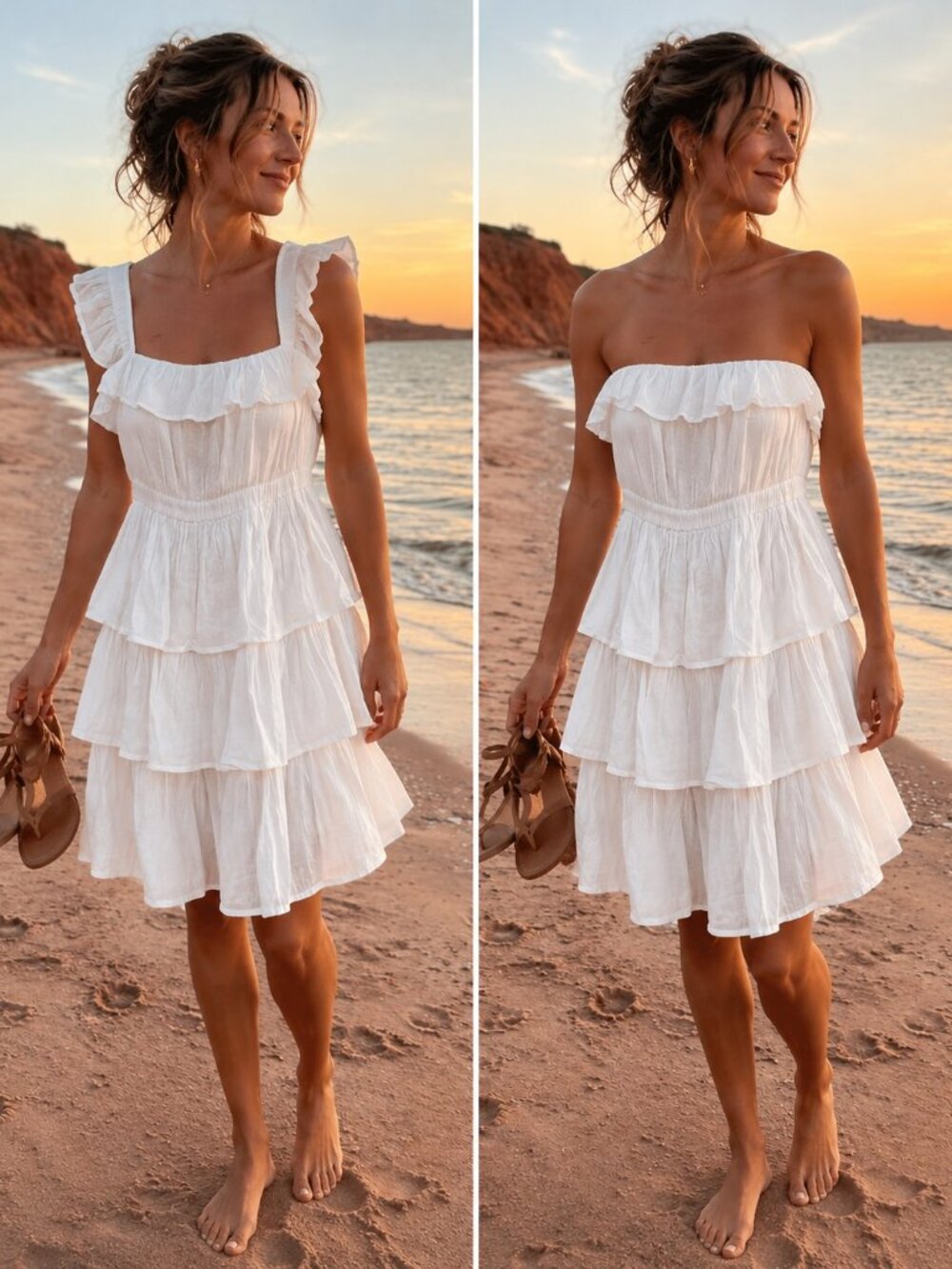 White 100% Cotton Tiered Ruffle Dress Strapless Boho M